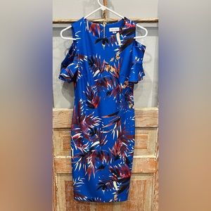 Calvin Klein Sheath Dress Cold Shoulder Stretch
Zip Floral Tropical Blue Size 4